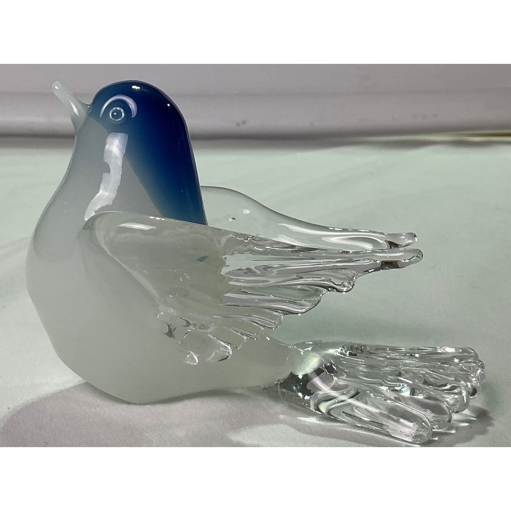 Vintage Art Glass Blue Bird Figurine Frosted White Hand Blown Retro Decor 3in